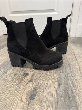 Black Suede Chelsea Block Heel Ankle Boots - Women